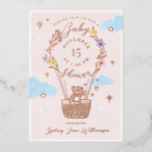 Roze bloemige thema ballon teddybeer babyshower folie uitnodiging (Voorkant)