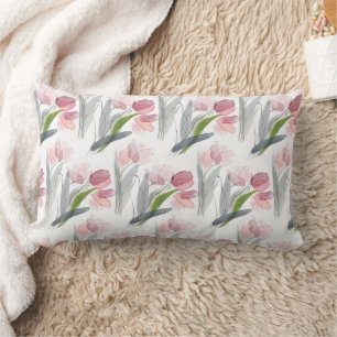 Roze bloemige tulpen Saliegroene bladeren Wit Kussen