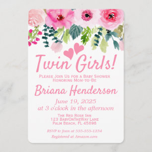Roze bloemige tweeling meisjes baby shower uitnodi kaart