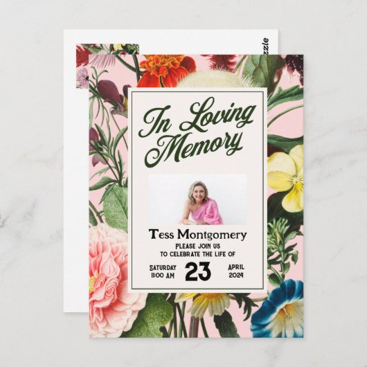 Roze Bloemige Uitnodiging voor een Begrafenis (Voorkant / Achterkant)