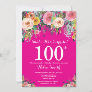 Roze Bloemige Verrassing 100ste Verjaardagsuitnodi Kaart