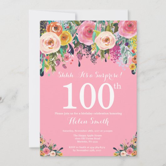 Roze bloemige verrassing 100ste verjaardagsuitnodi kaart (Voorkant)