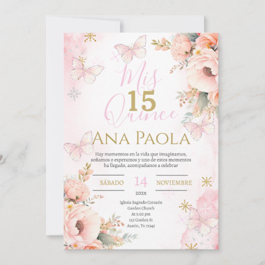 Roze bloemige vlinders Quinceañera Kaart (Voorkant)