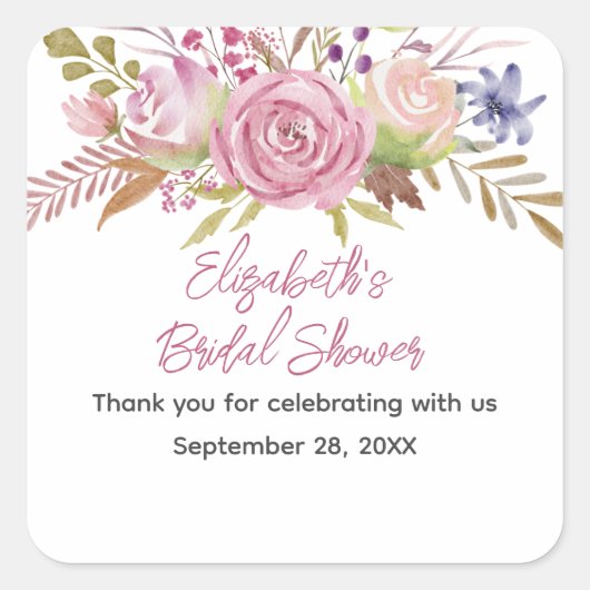 Roze Bloemige Waterverf Botanische Bruidsdouche  Vierkante Sticker (Voorkant)