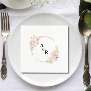 Roze bloemige waterverf koppel initials bruiloft servet
