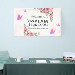 Roze Bloemige Waterverf Leraar Klaslokaal Welkom P Spandoek