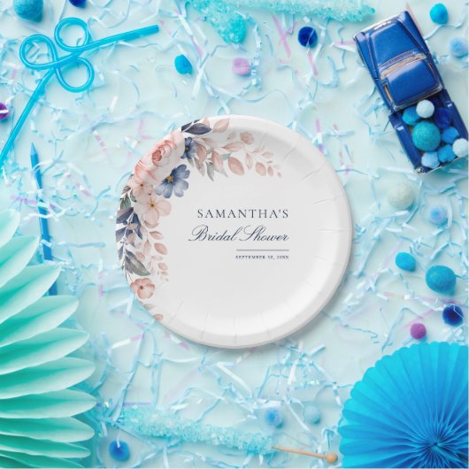 Roze Bloemige Waterverf Script Bruidsdouche Papieren Bordje (Feest)