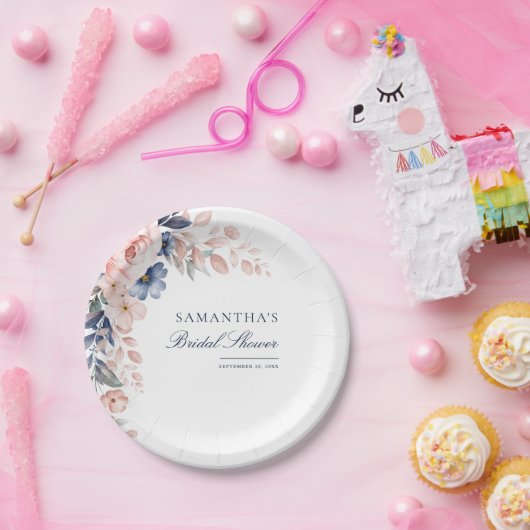 Roze Bloemige Waterverf Script Bruidsdouche Papieren Bordje (Feest)