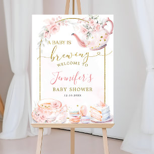 Roze bloemige welkomstbord voor babyborrel poster