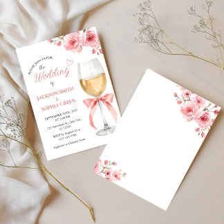 Roze Bloemige Wijn Glas Aquarel Bruiloft Kaart