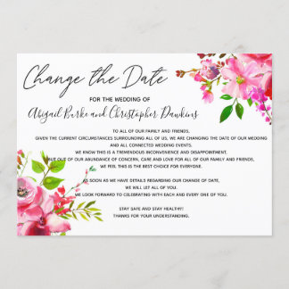 Roze bloemige wijziging of uitstel van de datum kaart