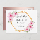 Roze bloemkolen goudgeo bruiloft Bespaar op datum Aankondigingskaart (Voorkant / Achterkant)
