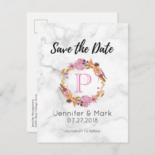  roze bloemkolf met groot monogram sparen de datum aankondigingskaart (Voorkant / Achterkant)