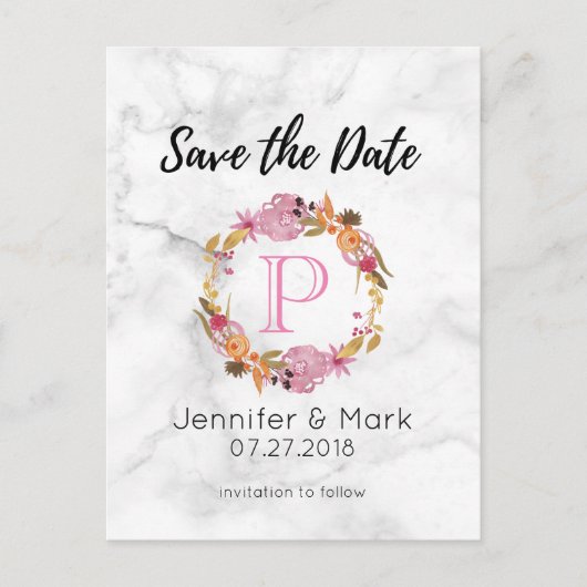 roze bloemkolf met groot monogram sparen de datum aankondigingskaart (Voorkant)