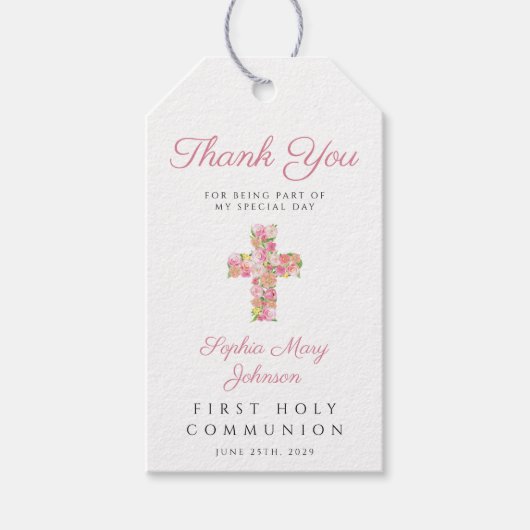 Roze bloemkruis Religieuze Eerste Communie  Cadeaulabel (Voorkant)