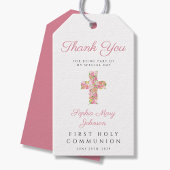 Roze bloemkruis Religieuze Eerste Communie  Cadeaulabel