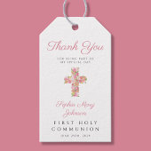 Roze bloemkruis Religieuze Eerste Communie  Cadeaulabel