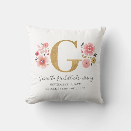 Roze Bloemmonogram Initiaal letter G Geboortestatu Kussen (Voorkant)