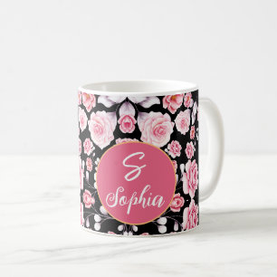 roze bloemmotief monogram koffiemok