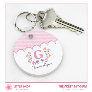Roze bloemmotief Monogram Strepen Sleutelhanger