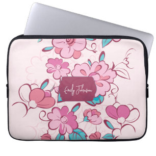 Roze Bloemmotief Naam Label Ontwerp Aangepaste Naa Laptop Sleeve