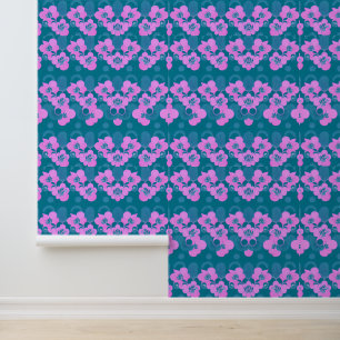 Roze bloemmotief op Blauwgroen achtergrond Behang