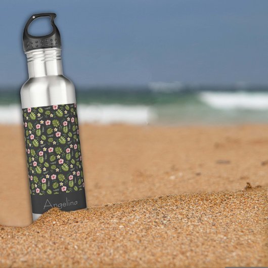 Roze bloemnaam waterverf groen waterfles 