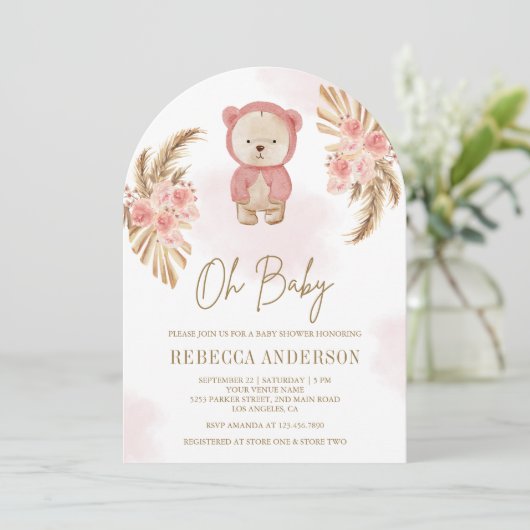 Roze Bloempampas Teddy Bear Arch Baby shower Kaart (Staand voorkant)