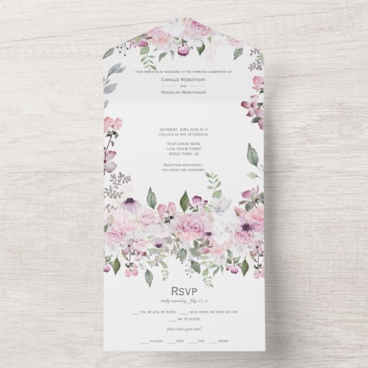 Roze Bloemparadijs All In One Uitnodiging (Binnen)