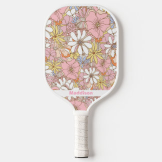 Roze bloempatroon Gepersonaliseerde naam Schattig Pickleball Paddle