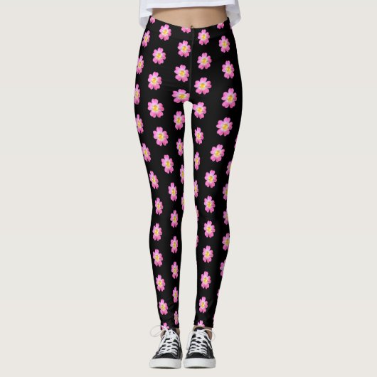 Roze bloempatroon in zwarte leggings (Voorkant)