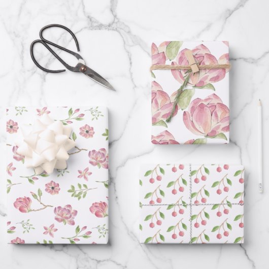 Roze bloempatroon inpakpapier plat vel set van 3 (Voorkant)