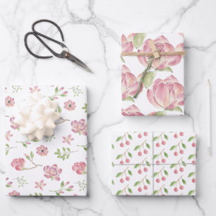 Roze bloempatroon verpakkings papier plat vel set
