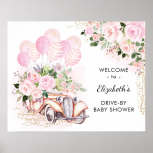 Roze bloemrijke auto rijdt langs babyshower welkom poster