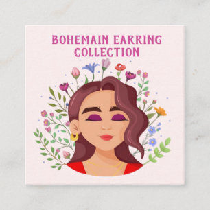 Roze bloemrijke boho-illustratie Oorbel Displaykaa Vierkante Visitekaartje