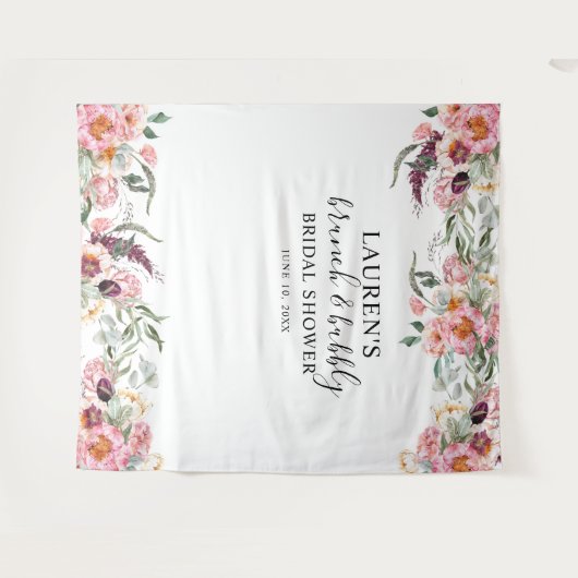 Roze bloemrijke brunch & bubbel bruidsfotobackdrop wandkleed (Voorkant (horizontaal))