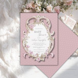Roze bloemrijke elegante gouden lijst baby shower kaart