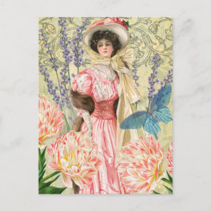 Roze Bloemrijke Victoriaanse Vrouw Regency Briefkaart