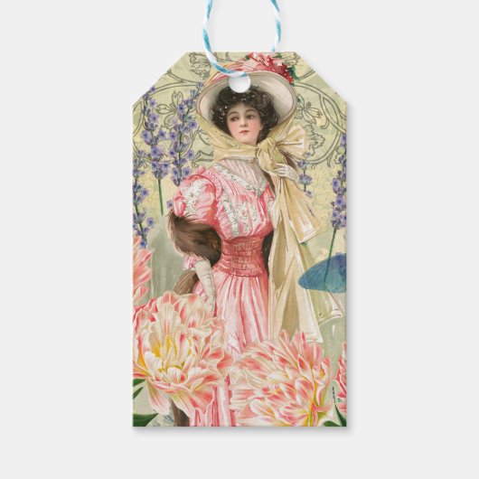Roze Bloemrijke Victoriaanse Vrouw Regency Cadeaulabel (Voorkant)