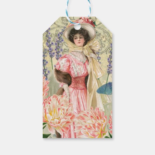 Roze Bloemrijke Victoriaanse Vrouw Regency Cadeaulabel (Achterkant)