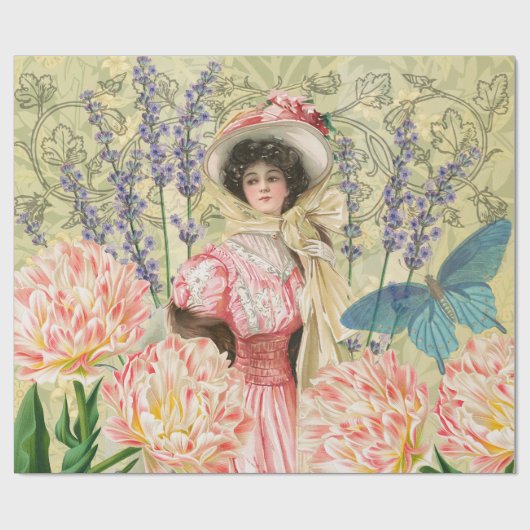 Roze Bloemrijke Victoriaanse Vrouw Regency Cadeaupapier (Vlak)