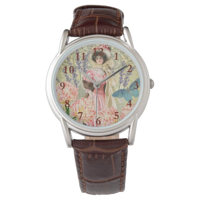 Roze Bloemrijke Victoriaanse Vrouw Regency Horloge (Voorkant)