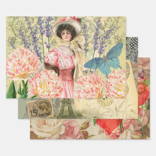 Roze Bloemrijke Victoriaanse Vrouw Regency Inpakpapier Vel (Set)