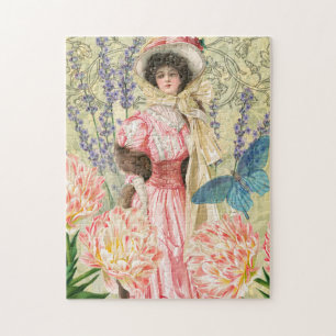 Roze Bloemrijke Victoriaanse Vrouw Regency Legpuzzel