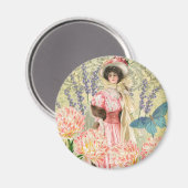 Roze Bloemrijke Victoriaanse Vrouw Regency Magneet (Voorkant / Achterkant)