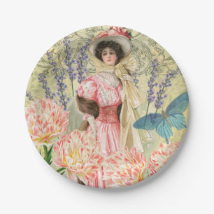 Roze Bloemrijke Victoriaanse Vrouw Regency Papieren Bordje