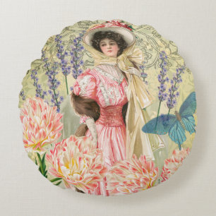 Roze Bloemrijke Victoriaanse Vrouw Regency Rond Kussen