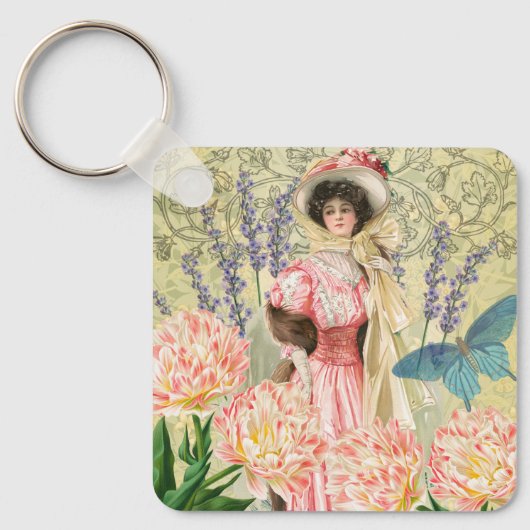 Roze bloemrijke victoriaanse vrouw Regency Sleutelhanger (Voorkant)