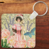 Roze bloemrijke victoriaanse vrouw Regency Sleutelhanger (Achterkant)
