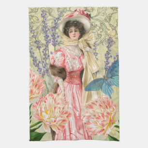 Roze Bloemrijke Victoriaanse Vrouw Regency Theedoek